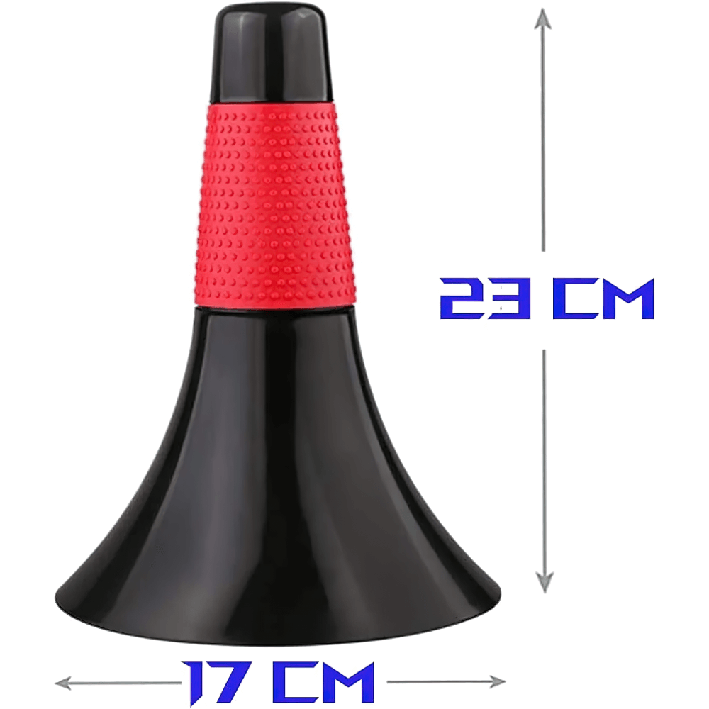 Durable agility speed cone with black and red design, 23 cm tall, 17 cm base width, ideal for football and basketball training drills.